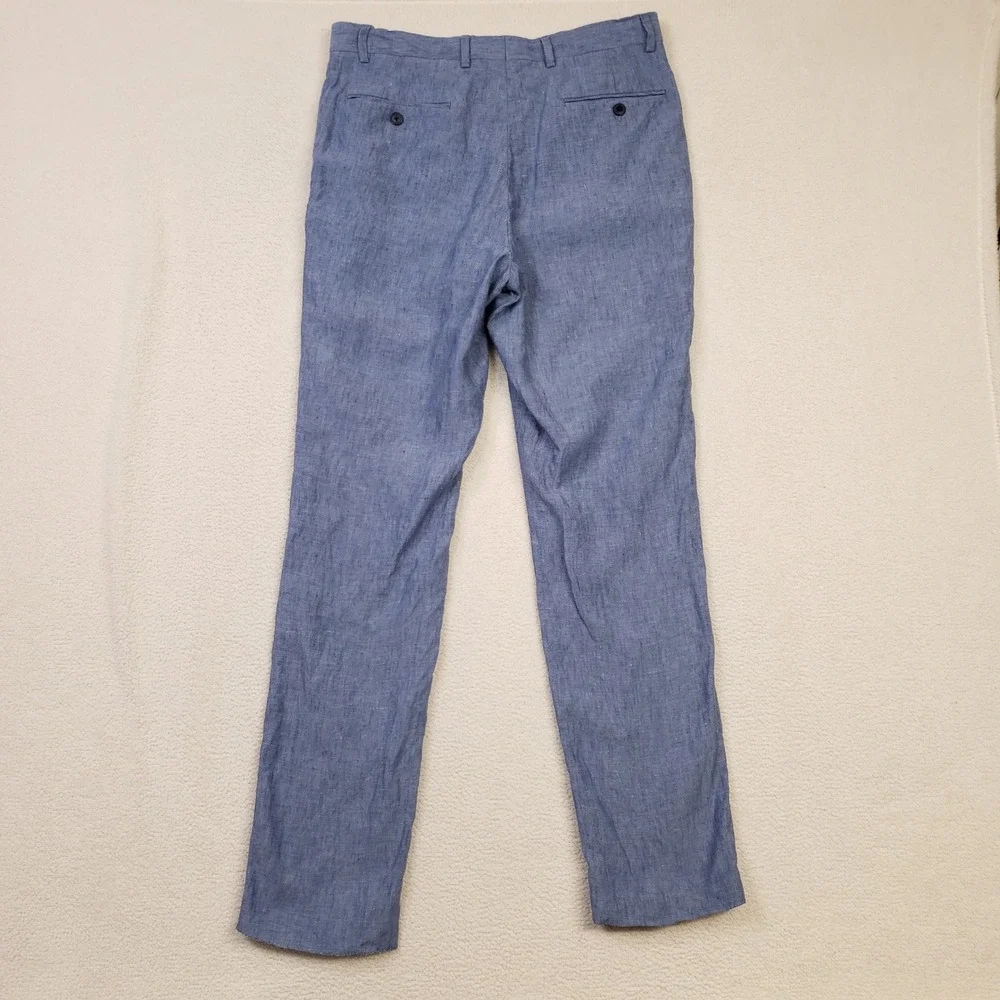 Tommy Hilfiger Dress Pants Men 32x32 Blue 100% Linen Flat Front Trousers Raw Hem